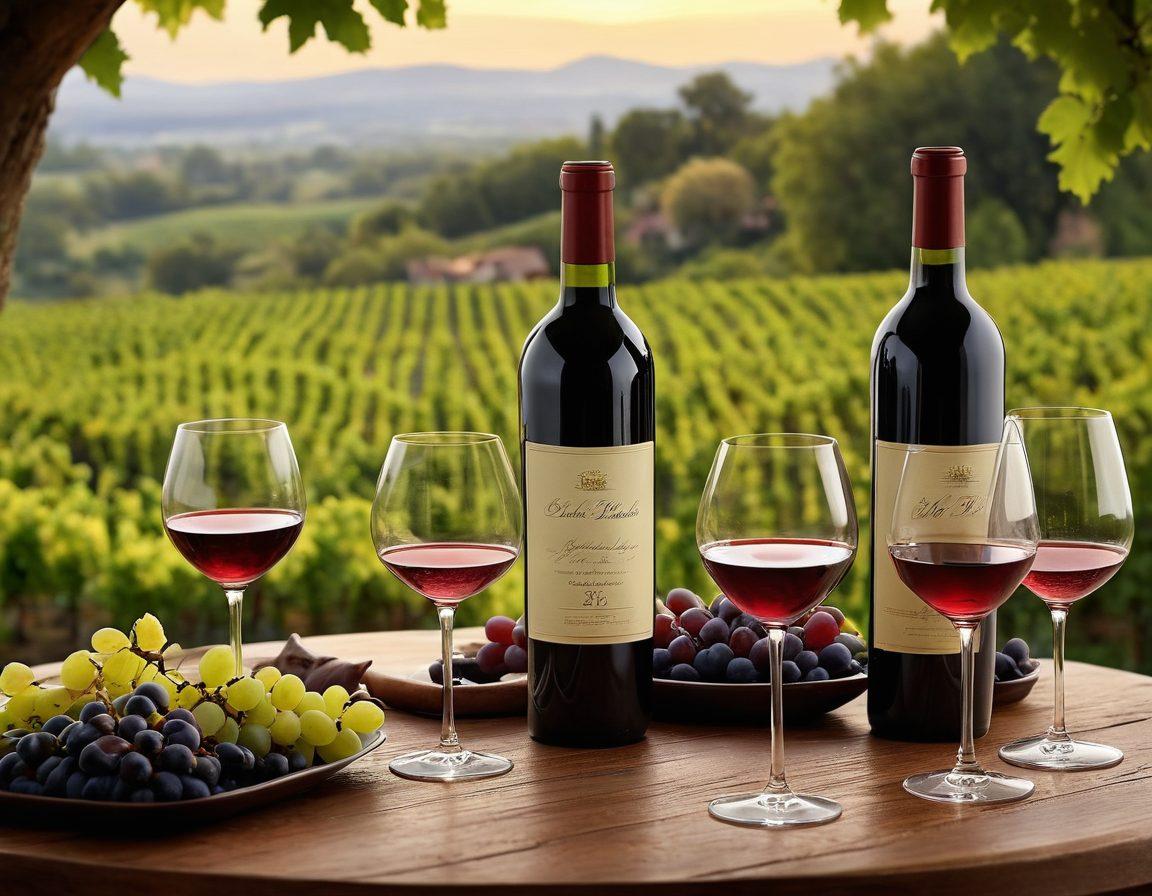 A sophisticated wine tasting scene featuring an elegant table with a variety of wine glasses and bottles, surrounded by lush vineyards in the background. Incorporate a dimly lit ambiance with soft candlelight reflecting off the glasses, and a sommelier demonstrating proper tasting techniques. Include rich textures of the wine labels and grapes for an immersive experience. super-realistic. vibrant colors. warm tones.