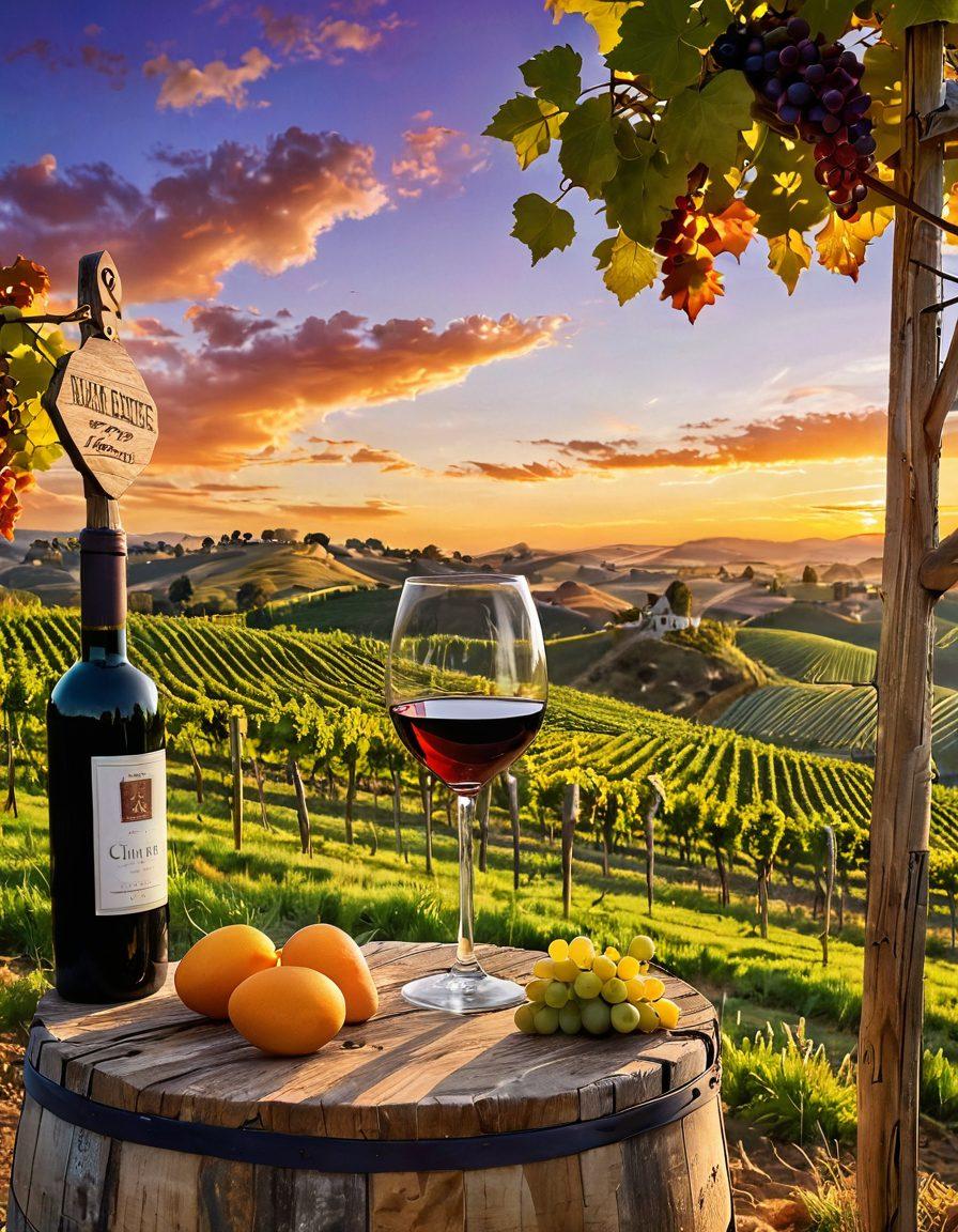 A picturesque vineyard stretching across rolling hills under a golden sunset, showcasing diverse wine grape varieties in vibrant clusters. In the foreground, an elegant wine glass filled with a deep red wine, reflecting the landscape. Scattered around are wine bottles with ornate labels representing various regions, and a rustic wooden signpost pointing to different wine regions. The sky is painted with warm hues of orange and purple, creating a serene ambiance. super-realistic. vibrant colors. golden hour lighting.