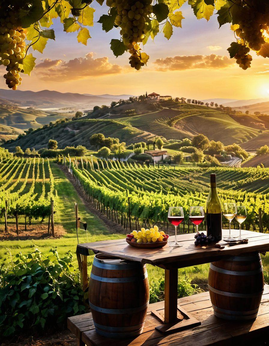 A beautifully arranged vineyard under a golden sunset, with wine glasses elegantly placed on a rustic wooden table. In the background, a winemaker tending to the grapevines, surrounded by lush greenery and rolling hills. The scene encapsulates the art of winemaking, showcasing ripe grapes, wine barrels, and an inviting ambiance that reflects the passion of viniculture. super-realistic. vibrant colors. warm lighting.